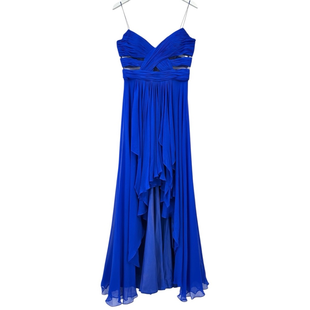 Vintage Caché Royal Blue 100% Silk Chiffon High Low Evening Maxi Dress Gown